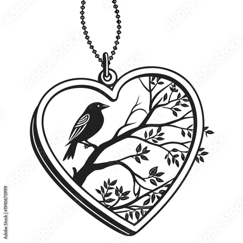 Vector heart-shaped pendant with bird on tree branch