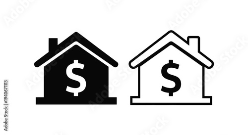 Two house icons with dollar signs one filled and one outlined