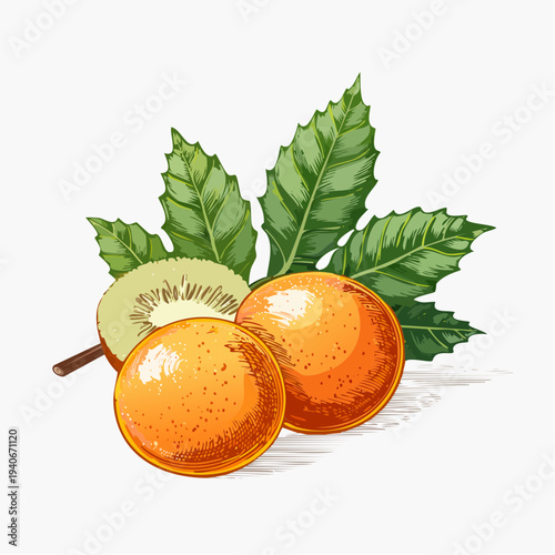 Fresh kiwi fruits with green leaves on a clean surface