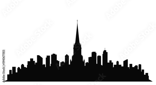 Silhouetted cityscape featuring a prominent gothic spire and surrounding buildings