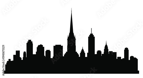 Black silhouette of a city skyline featuring a prominent spire