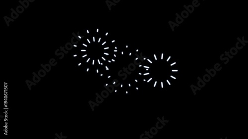 Celebration firework circle burst cartoon animation with white line, flat, vector explosions motion effects, and glowing geometric spark blast on transparent black background in 4k loop video
