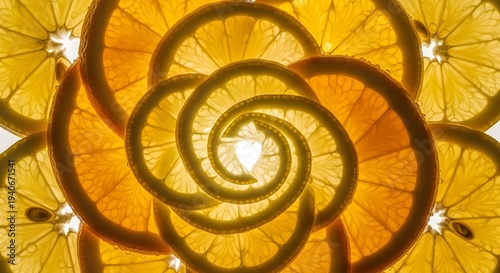 Vibrant orange slices arranged in artistic spiral pattern with bright light
