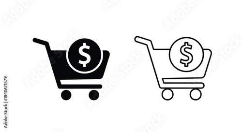 Shopping cart icon with a dollar sign shown in two line styles