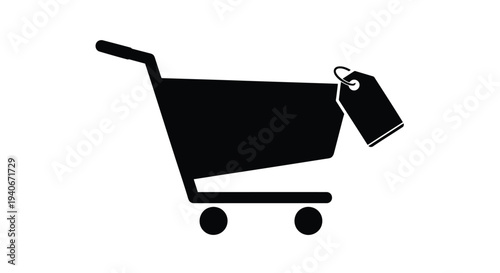 Simple black silhouette of a shopping cart with a price tag