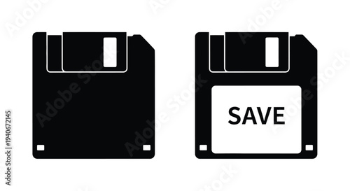 Two black floppy disk icons one with the word save displayed