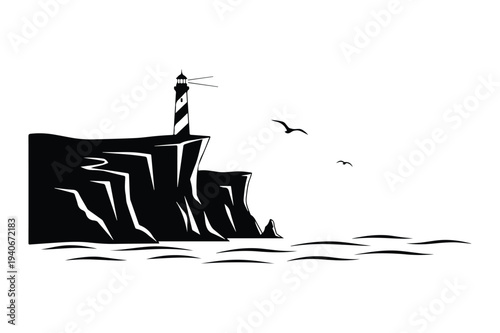 Lighthouse on Cliff Overlooking Sea with Seagulls