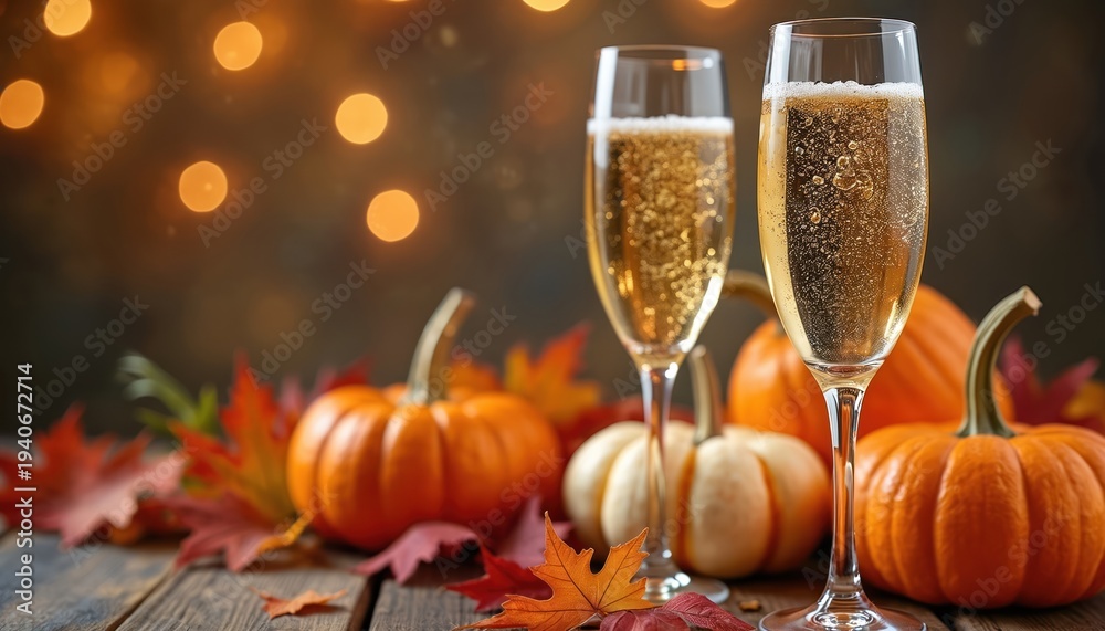 Obraz premium Two glasses of champagne sparkle near pumpkins and autumn leaves. Warm bokeh lights create festive atmosphere for holiday celebration. Perfect for Thanksgiving or fall party.