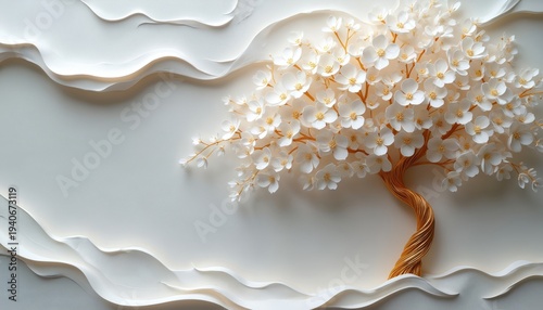 Delicate white flowers bloom on a golden twisted tree branch. Abstract soft waves create a serene background. Elegant floral art, minimalist design, nature inspired.