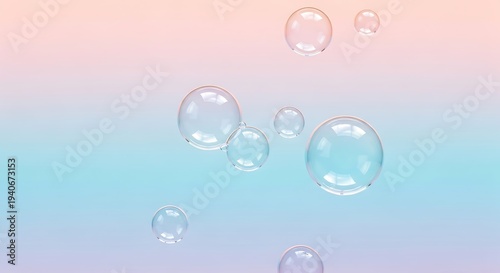 Transparent bubbles floating on pastel gradient background