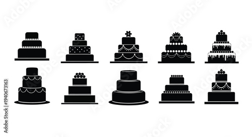 Collection of black silhouette tiered cakes in varying designs and heights