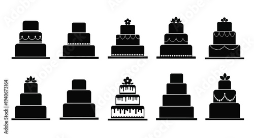 Collection of black silhouette wedding and celebration cakes in various tiers