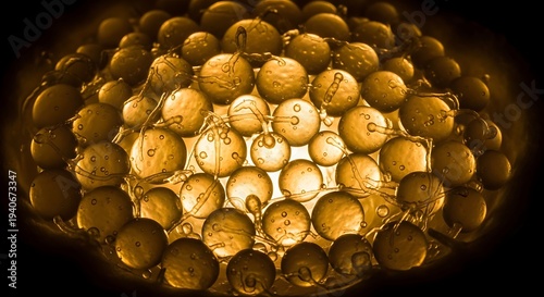 Golden beads with water droplets on strings create a stunning illuminated sphere
