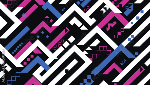 Geometric patterns and abstract shapes intertwined in a dynamic composition, viewed from a straightforward perspective, showcasing vibrant colors and graphic elements.