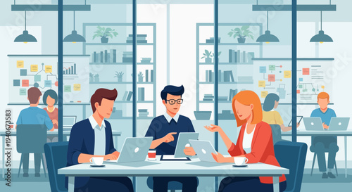 Team Collaboration in Modern Office Environment with Technology.