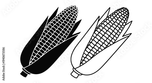 Two ears of corn illustrated in a simple black and white style