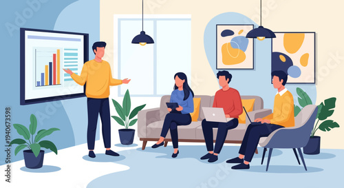 Team meeting in a modern office with a presentation on the wall.