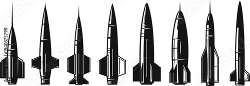 Rocket Silhouette Set Vector, Spacecraft Rocket Icons Collection, Space Technology Launch Symbols