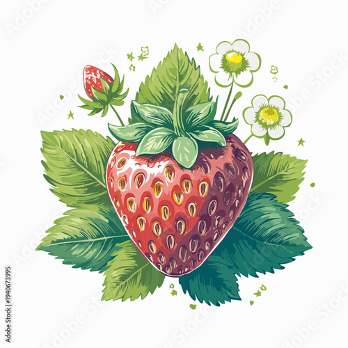 A vibrant strawberry surrounded by lush green leaves and white flowers blooms naturally outdoors.