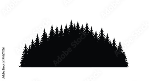 A dense silhouette of coniferous trees against a plain white background