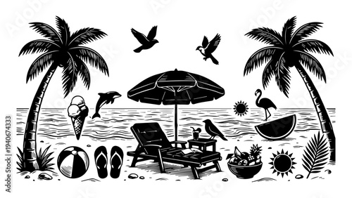 Tropical Summer Beach Silhouette Scene with Palm Trees, Lounge Chair, Birds and Ocean Elements