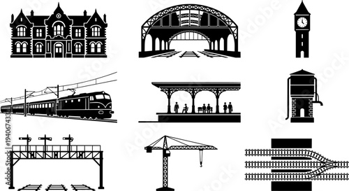 A collection of stylized black and white silhouettes of railway stations and trains
