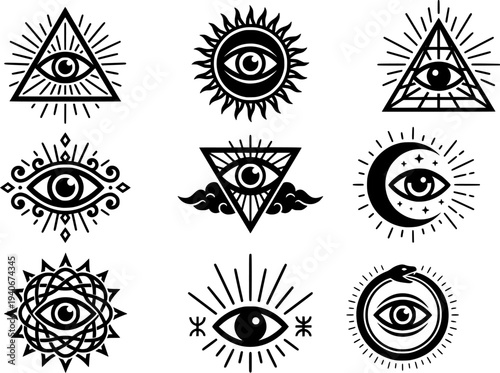 All seeing eye vector set mystical occult symbols black and white line art
