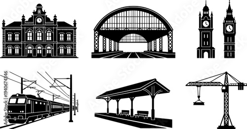 A collection of stylized black and white silhouettes of railway stations and trains
