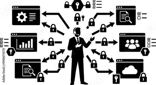 Man in Suit Surrounded by Flowchart and Padlocks

