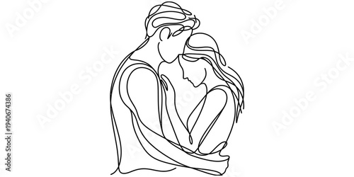 Continuous line couple hugging romantic love relationship minimal illustration concept
