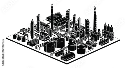 Isometric illustration of an industrial complex with smokestacks and pipelines