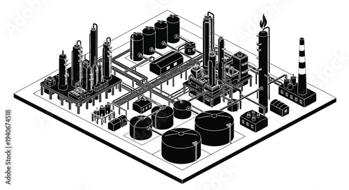 Isometric illustration of an industrial oil refinery complex with pipelines and storage