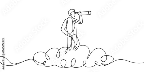 Continuous line explorer looking through telescope discovery adventure concept illustration