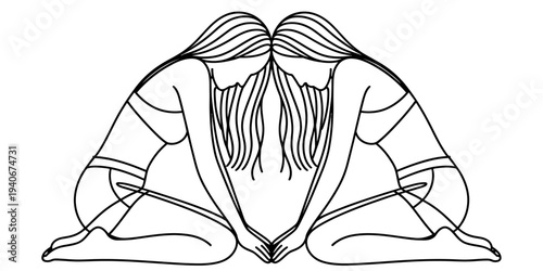Continuous line two women sitting mirror pose yoga meditation concept