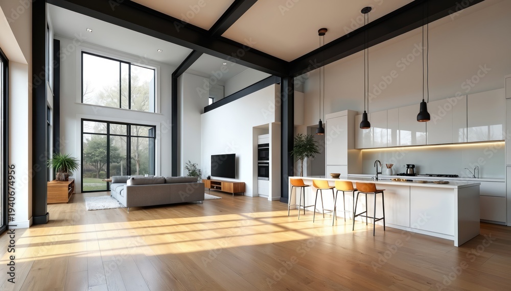 Fototapeta premium Spacious open concept living area with high ceilings and exposed black beams. Modern white kitchen with island, bar stools, and integrated appliances. Large windows overlook garden.