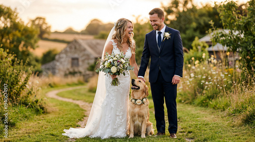 Happy groom and bride with golden retriever dog at outdoor countryside wedding