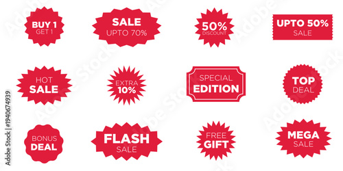 Red Sale Badge Sticker Set Discount Promotion Label Tag Special Offer Deal Price Vector Illustration Collection