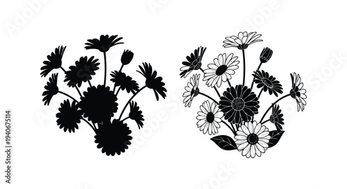 Black and white floral arrangements depicting delicate daisy like blooms