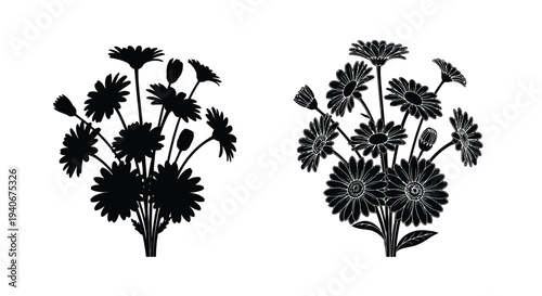 Two black silhouettes of daisy flower arrangements against a white background