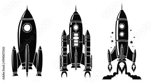 Three black and white rocket ship illustrations