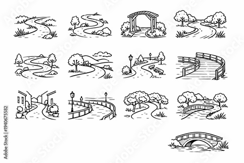 Wandering curve walkway hillside courtyard orchard bend icon simple route image generation