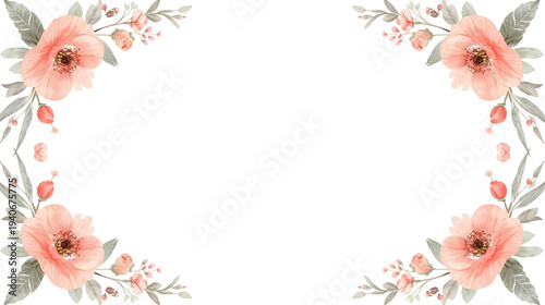 Watercolor Floral Frame Border with Pink Anemone and Roses on White Background