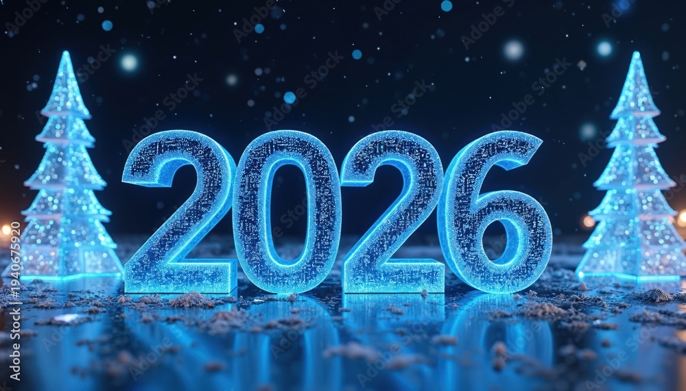 Obraz premium Futuristic glowing blue 2026 numbers on icy ground. Decorated Christmas trees stand on sides. Snowflakes fall in dark night. Cyber New Year celebration scene.