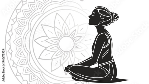 Black silhouette woman in lotus pose with gray mandala background yoga meditation