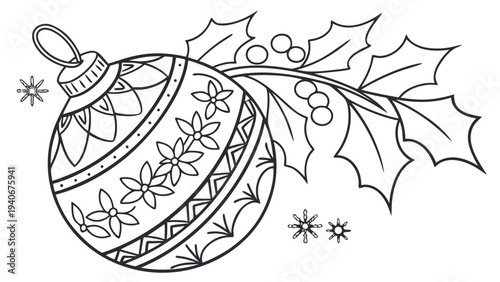 Christmas ornament ball with holly pattern coloring page