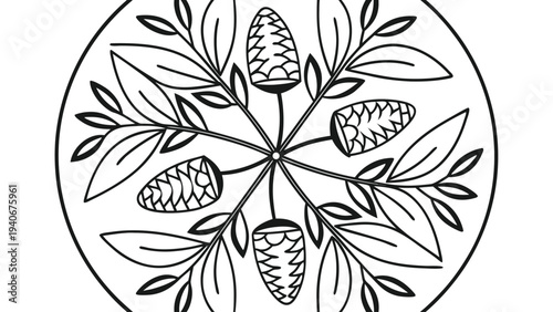 Black and white leaf mandala coloring page with pine cones botanical