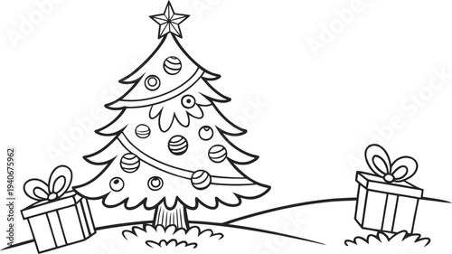 Christmas tree with ornaments and star on surrounded by gifts coloring page black and white