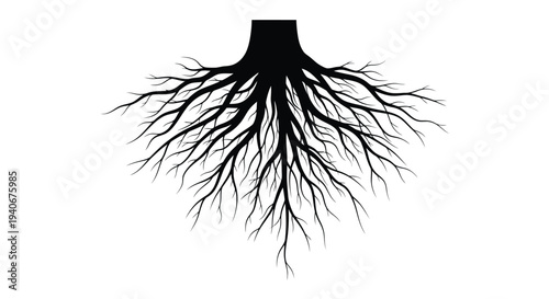 Black silhouette of tree roots spreading outward against a white background