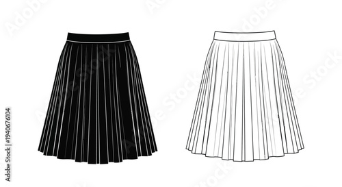 Two pleated skirts one black one white presented as fashion technical drawings