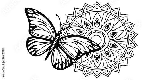 Butterfly mandala coloring page with layered circular black and white line layered